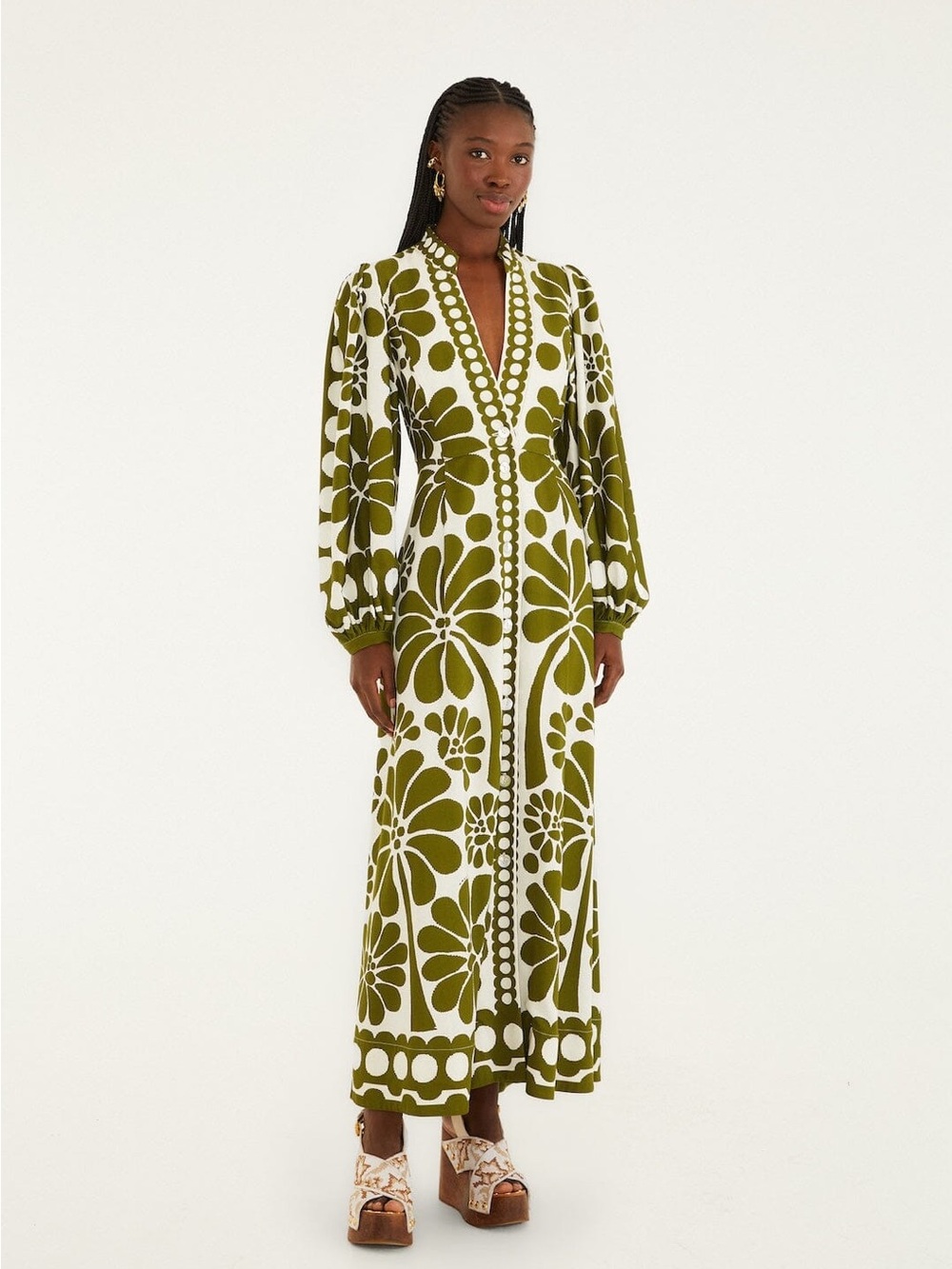 NWT FARM RIO Green Palermo Buttoned Puff Sleeve Maxi Dress